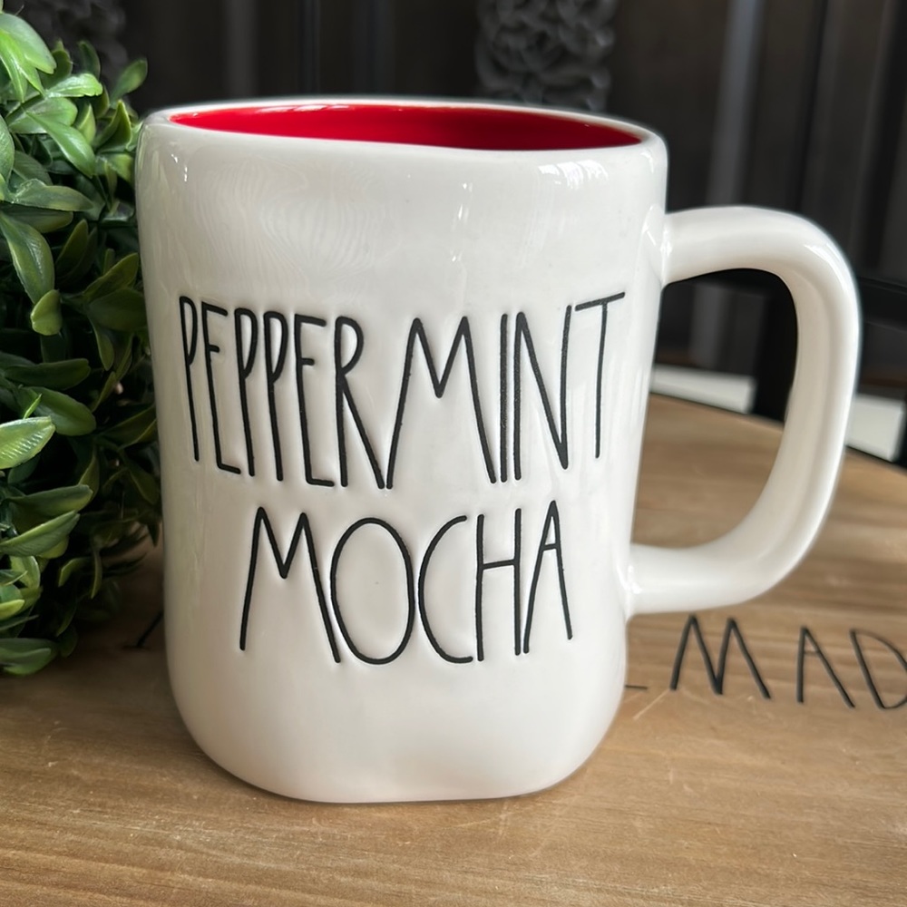 Rae Dunn PEPPERMINT MOCHA Mug White, Red Inside Candy Canes
